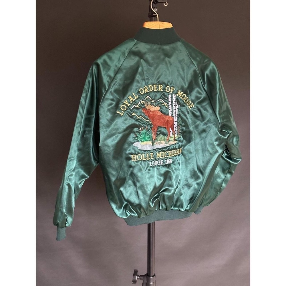 Vintage West Ark Loyal Order of Moose Satin Bowling Bomber Large Michigan Green